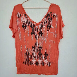 VANITY | NWT V Neck Coral Aztec Ikat Print Large